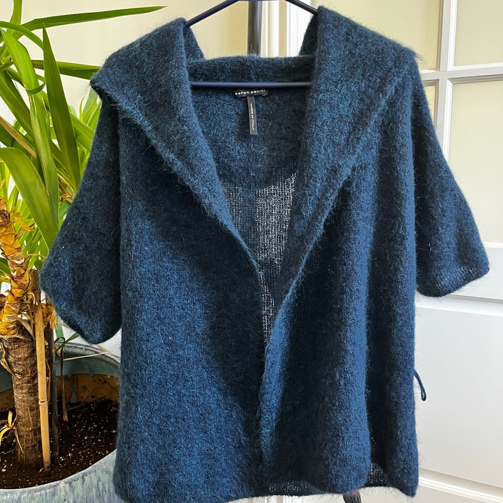 Sarah Pacini Navy Blue Fuzzy Short-Sleeve Cardigan
